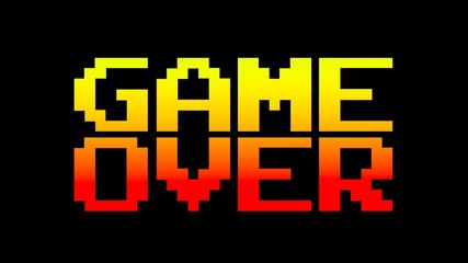 A funky colorful game over screen. 8 bit retro style, red and yellow.
