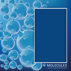 Molecules of water in motion. Blurred blue background. Chaotic particles. Vector illustration on a theme of medicine, science, technology. Screensaver for websites, a template for printing posters