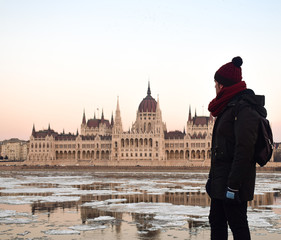 Fototapeta premium Boy looking at Budapest Parliament