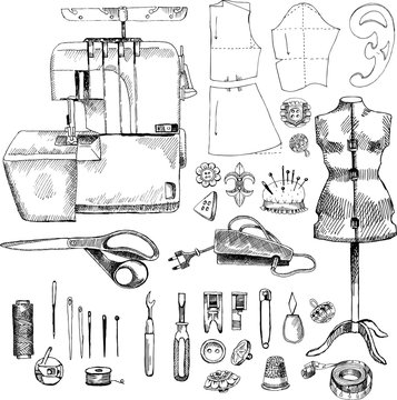 Hand Drawn Sketch Sewing Set