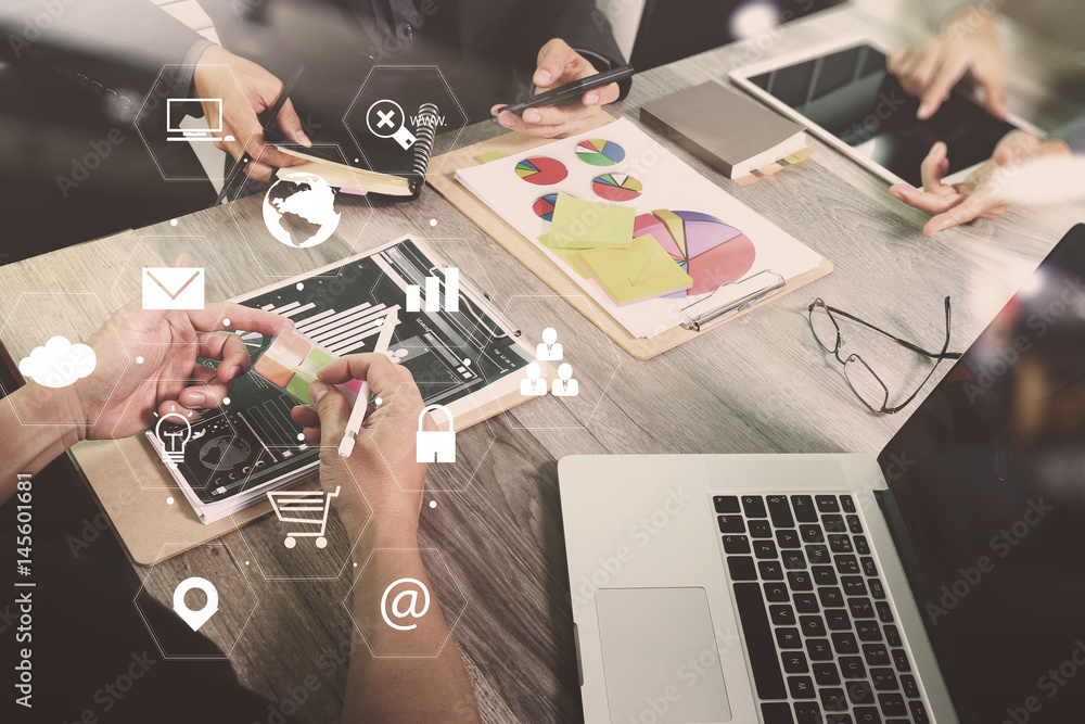 Leinwandbilder co working team meeting concept,businessman using smart phone and laptop and digital tablet computer in modern office with virtual interface icons network diagram
