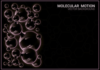 Abstract image of molecules and atoms. Chaotic motion of particles. Blurred black background with bubbles. Vector illustration on a theme of medicine, science, technology. 