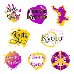 Set of stickers with lettering about Kyoto and heart paint splashes in violet yellow colors on white. Collection of souvenir prints for fabric textiles, clothing, shirts. Vector illustration