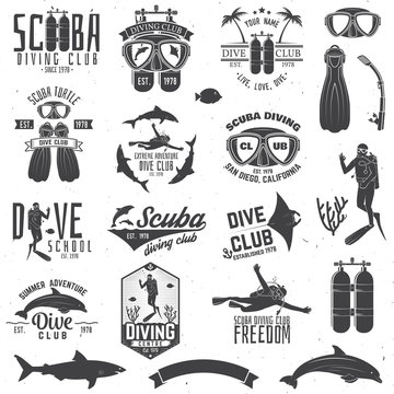 Set of Scuba diving club and diving school design.