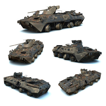 3D illustrations set of damaged Russian APC BTR-80A