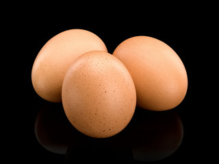 Three brown eggs, close up