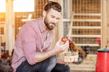 Farmer collecting eggs at the wooden henhouse with chickens