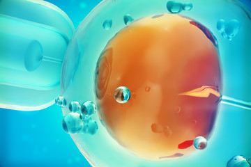 Close-up view 3D illustration Glass needle fertilizing sperm injection in female egg, Concept, scientific experiment