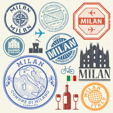 International business travel visa stamps or symbols set Italy, Milan