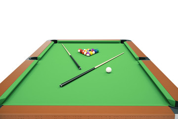 3D illustration Billiard balls on green table with billiard cue, Snooker, Pool game, Billiard concept