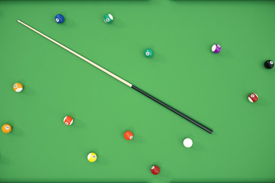 3D illustration Billiard balls in a green pool table, pool billiard game. Billiard concept
