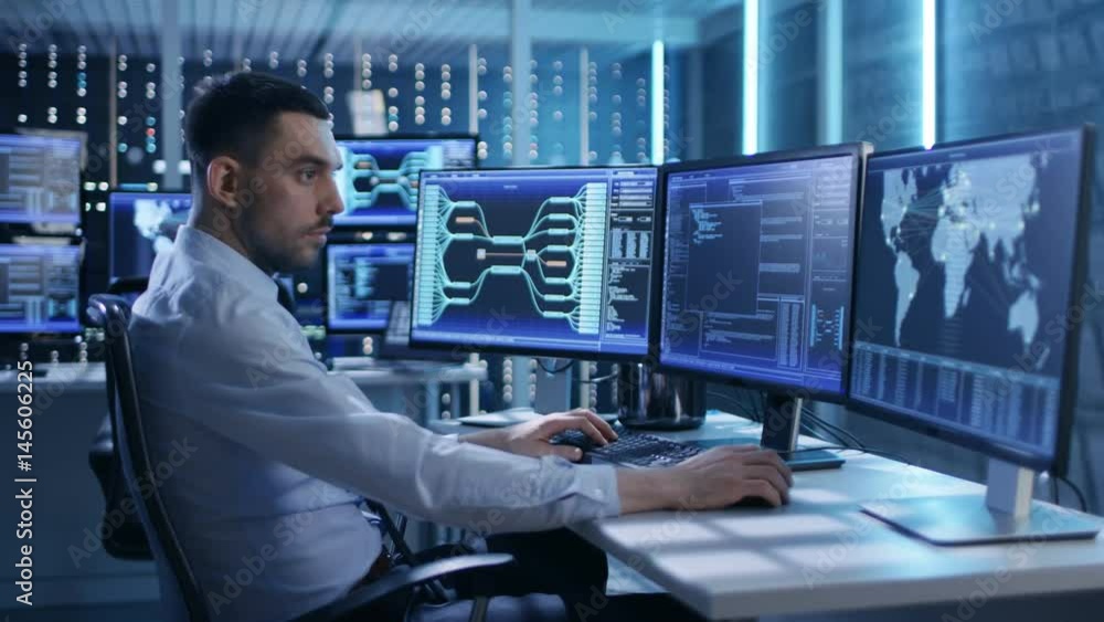 Aufkleber system security specialist working at system control center. room is full of screens displaying vari
