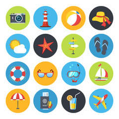 Vector summer icon set. Sunrise, sea and vacation tour