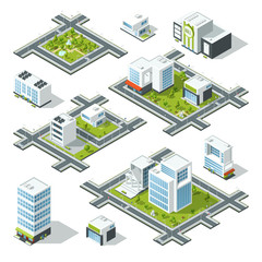 Isometric city 3d vector illustration with office buildings, skyscrapers. Trees and bushes on the street