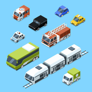 Vector isometric transport, 3d car icons set isolate on white background. Urban traffic pictures
