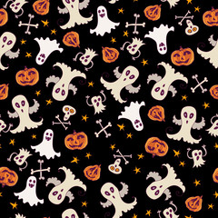 Naklejka premium Halloween ghost seamless pattern doodle pattern.