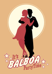 Young couple silhouettes wearing retro clothing, dancing 