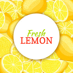 Round white label on citrus lemon background. Vector card illustration.