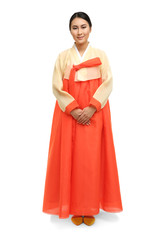 Beautiful young woman in Korean traditional costume on white background