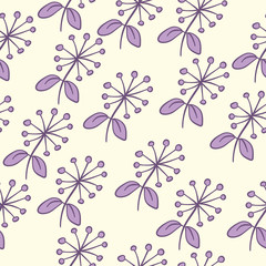 Seamless purple flower and brunch pattern on pastel. Hand drawn