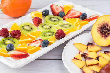 Sliced berries and fruits.