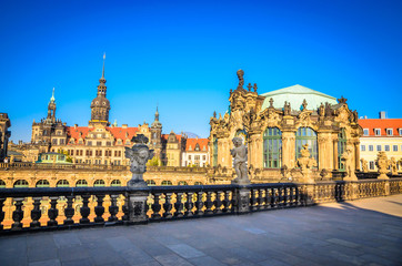 Obraz premium Dresden Cathedral of the Holy Trinity or Hofkirche, Dresden Castle or Royal Palace and Semperoper in Dresden, Saxony, Germany
