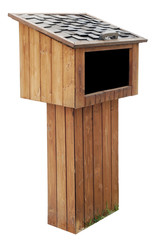 The rustic mailbox for newspapers and letters is made of the varnished pine boards.