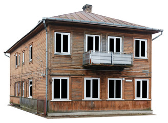 The destroyed old wooden house of mass building of the beginning of the twentieth century.