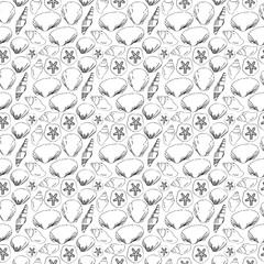 Silhouettes of sea shells black and white seamless pattern