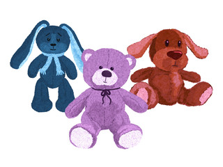 Drawn plush toys, hare, dog and teddy bear
