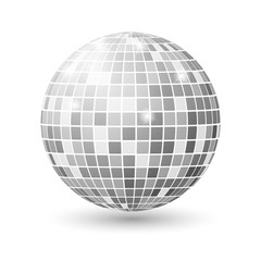 Disco ball isolated illustration. Night Club party light element. Bright mirror silver ball design for disco dance club.