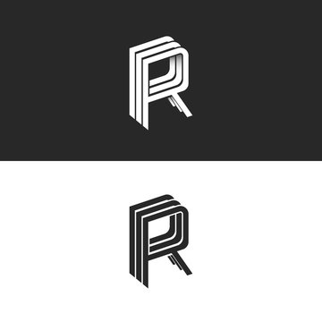 Letter R logo isometric emblem RRR symbol, black and white monogram hipster design element template. Perspective linear geometric shape with shadow.