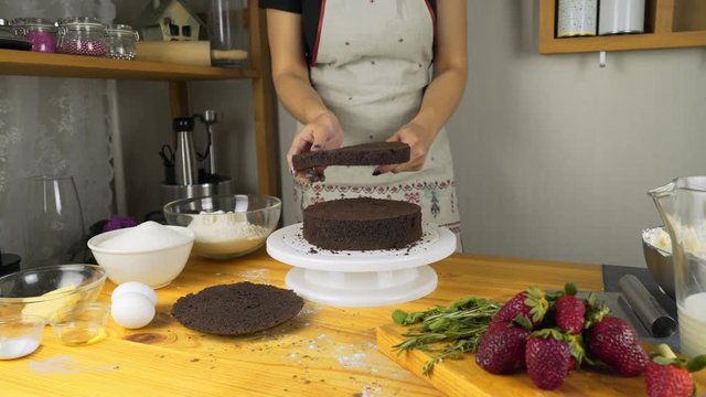 Cutting Cake on Layers. Making Chocolate Layer Cake. Series.