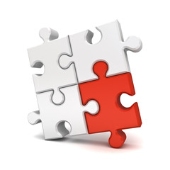 Red jigsaw puzzle piece stand out from the crowd different concept isolated on white background with shadow. 3D rendering.
