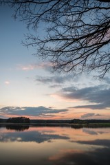 Fototapeta premium Evening landscape over the pond with few trees and branches