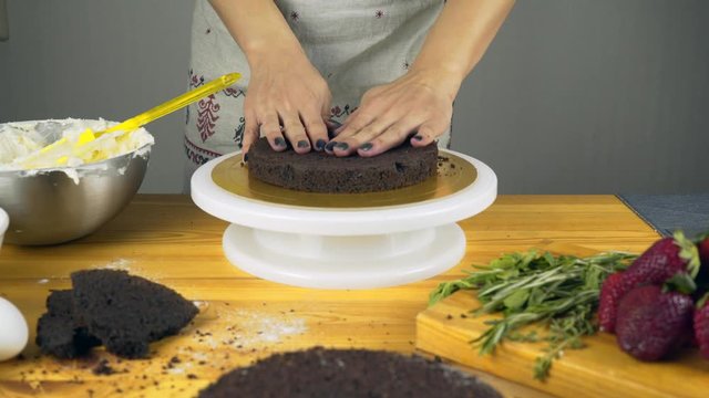 Cutting Cake on Layers. Making Chocolate Layer Cake. Series.