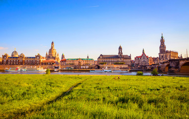 Fototapeta premium Summer view of the Old Town architecture with Elbe river in Dresden, Saxony, Germany