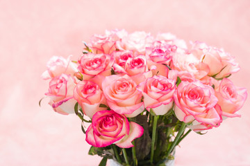 Bouquet of beautiful natural pink roses close up on a soft pink pastel background. Valentines Day romantic concept. Copy space