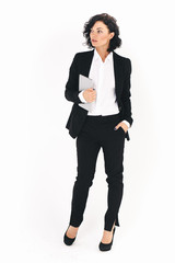 Full body portrait of young woman, isolated over white background