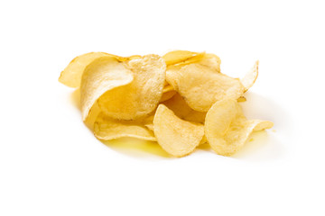 Crispy potato chips isolated on white background  close-up