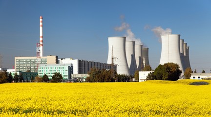  Nuclear power plant, cooling tower, field of rapeseed