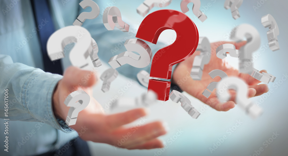 Poster businessman using 3d rendering question marks