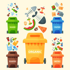 Recycling garbage elements trash bags tires management industry utilize waste can vector illustration.