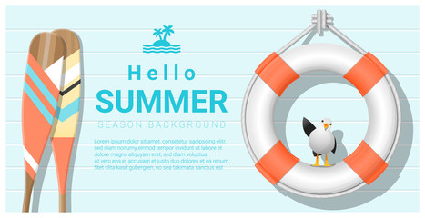 Obraz premium Hello summer background with lifebuoy and canoe paddle , vector , illustration