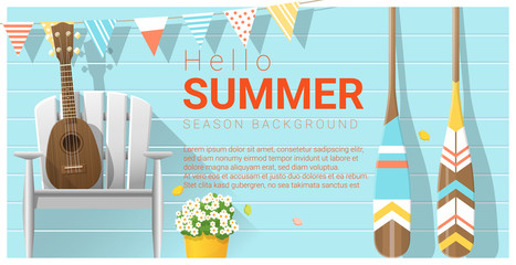Obraz premium Hello summer background with ukulele on white chair and canoe paddle , vector , illustration