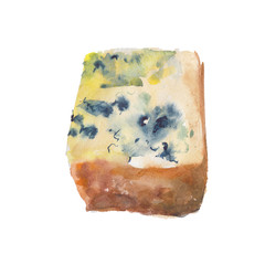 The piece of cheese with a mold isolated on white background, watercolor illustration in hand-drawn style.