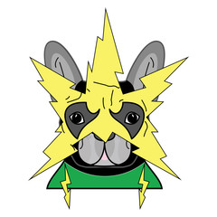 Comic Villain symbol in costume with yellow lightning mask in and green costume  as a French bulldog character 
