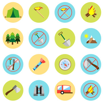 Icons picnic, rest in the forest in a flat style. Vector image on a round colored background. Element of design, interface