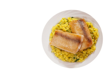 fish fillet with rice. top view. isolated on white