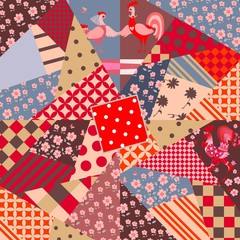 Obraz premium Patchwork pattern with cute cartoon rooster and hen. Print for fabric, paper, wallpaper.